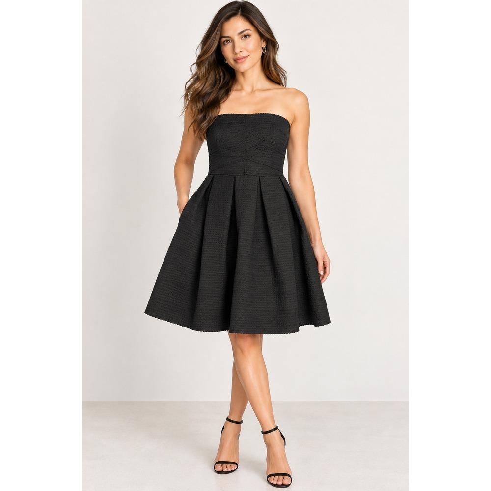 Stella Laguna Beach Strapless Textured A-Line Cocktail Dress Black Pleated Small